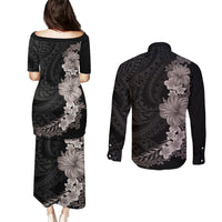 Hawaiian Plumeria and Hibiscus Couples Matching Puletasi and Long Sleeve Button Shirt Grayscale Mode LT03 - Polynesian Pride