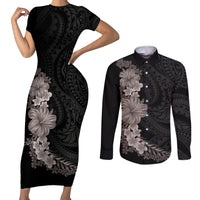 Hawaiian Plumeria and Hibiscus Couples Matching Short Sleeve Bodycon Dress and Long Sleeve Button Shirt Grayscale Mode