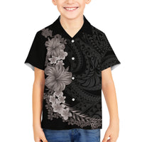 Hawaiian Plumeria and Hibiscus Family Matching Off Shoulder Short Dress and Hawaiian Shirt Grayscale Mode LT03 Son's Shirt Black - Polynesian Pride