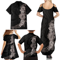 Hawaiian Plumeria and Hibiscus Family Matching Summer Maxi Dress and Hawaiian Shirt Grayscale Mode