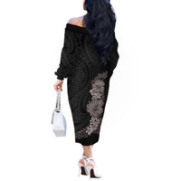 Hawaiian Plumeria and Hibiscus Off The Shoulder Long Sleeve Dress Grayscale Mode LT03 - Polynesian Pride