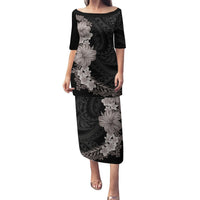 Hawaiian Plumeria and Hibiscus Puletasi Grayscale Mode LT03 Long Dress Black - Polynesian Pride