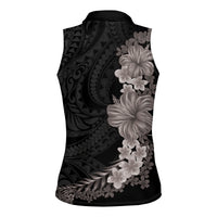 Hawaiian Plumeria and Hibiscus Women Sleeveless Polo Shirt Grayscale Mode