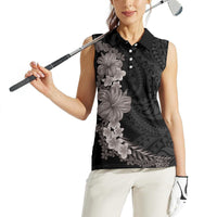 Hawaiian Plumeria and Hibiscus Women Sleeveless Polo Shirt Grayscale Mode
