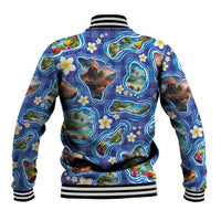 Hawaiian Island Shapes-Iconic Landscape Baseball Jacket with Plumeria and Palaka Blue Color LT03 - Polynesian Pride