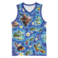 Hawaiian Island Shapes-Iconic Landscape Basketball Jersey with Plumeria and Palaka Blue Color LT03 Unisex Blue - Polynesian Pride