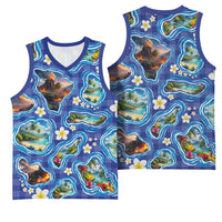 Hawaiian Island Shapes-Iconic Landscape Basketball Jersey with Plumeria and Palaka Blue Color LT03 - Polynesian Pride