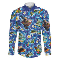 Hawaiian Island Shapes-Iconic Landscape Family Matching Puletasi and Hawaiian Shirt with Plumeria and Palaka Blue Color LT03 Dad's Shirt - Long Sleeve Blue - Polynesian Pride