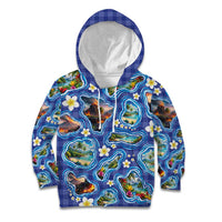 Hawaiian Island Shapes-Iconic Landscape Kid Hoodie with Plumeria and Palaka Blue Color LT03 Hoodie Blue - Polynesian Pride