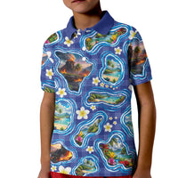 Hawaiian Island Shapes-Iconic Landscape Kid Polo Shirt with Plumeria and Palaka Blue Color LT03 Kid Blue - Polynesian Pride