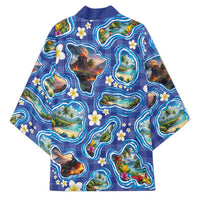 Hawaiian Island Shapes-Iconic Landscape Kimono with Plumeria and Palaka Blue Color LT03 - Polynesian Pride