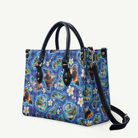 Hawaiian Island Shapes-Iconic Landscape Leather Bag with Plumeria and Palaka Blue Color LT03 Blue - Polynesian Pride