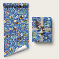 Hawaiian Island Shapes-Iconic Landscape Wrapping Paper with Plumeria and Palaka Blue Color LT03 58" × 23" Blue - Polynesian Pride
