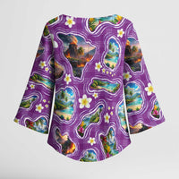 Hawaiian Island Shapes-Iconic Landscape Kimono Sleeve Blouse with Plumeria and Palaka Purple Color LT03 - Polynesian Pride