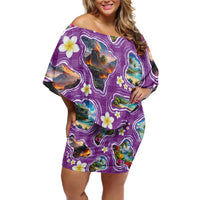 Hawaiian Island Shapes-Iconic Landscape Off Shoulder Short Dress with Plumeria and Palaka Purple Color LT03 Women Purple - Polynesian Pride