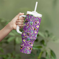 Hawaiian Island Shapes-Iconic Landscape Tumbler With Handle with Plumeria and Palaka Purple Color LT03 - Polynesian Pride