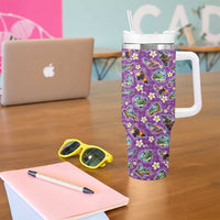 Hawaiian Island Shapes-Iconic Landscape Tumbler With Handle with Plumeria and Palaka Purple Color LT03 - Polynesian Pride