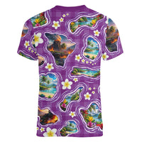 Hawaiian Island Shapes-Iconic Landscape Women V-Neck T-Shirt with Plumeria and Palaka Purple Color LT03 - Polynesian Pride