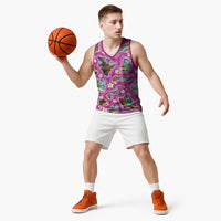 Hawaiian Island Shapes-Iconic Landscape Basketball Jersey with Plumeria and Palaka Pink Color