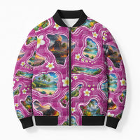 Hawaiian Island Shapes-Iconic Landscape Bomber Puffer Jacket with Plumeria and Palaka Pink Color