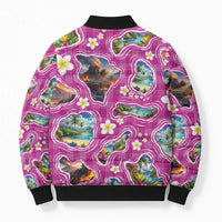 Hawaiian Island Shapes-Iconic Landscape Bomber Puffer Jacket with Plumeria and Palaka Pink Color