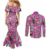 Hawaiian Island Shapes-Iconic Landscape Couples Matching Mermaid Dress and Long Sleeve Button Shirt with Plumeria and Palaka Pink Color