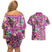 Hawaiian Island Shapes-Iconic Landscape Couples Matching Off Shoulder Short Dress and Hawaiian Shirt with Plumeria and Palaka Pink Color