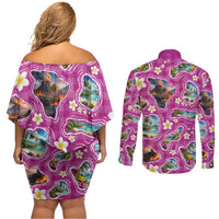 Hawaiian Island Shapes-Iconic Landscape Couples Matching Off Shoulder Short Dress and Long Sleeve Button Shirt with Plumeria and Palaka Pink Color