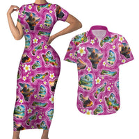 Hawaiian Island Shapes-Iconic Landscape Couples Matching Short Sleeve Bodycon Dress and Hawaiian Shirt with Plumeria and Palaka Pink Color