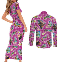 Hawaiian Island Shapes-Iconic Landscape Couples Matching Short Sleeve Bodycon Dress and Long Sleeve Button Shirt with Plumeria and Palaka Pink Color