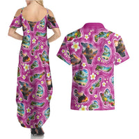 Hawaiian Island Shapes-Iconic Landscape Couples Matching Summer Maxi Dress and Hawaiian Shirt with Plumeria and Palaka Pink Color