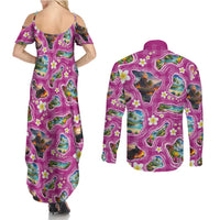 Hawaiian Island Shapes-Iconic Landscape Couples Matching Summer Maxi Dress and Long Sleeve Button Shirt with Plumeria and Palaka Pink Color