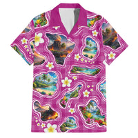 Hawaiian Island Shapes-Iconic Landscape Family Matching Long Sleeve Bodycon Dress and Hawaiian Shirt with Plumeria and Palaka Pink Color