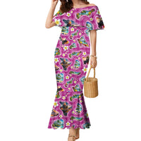 Hawaiian Island Shapes-Iconic Landscape Family Matching Mermaid Dress and Hawaiian Shirt with Plumeria and Palaka Pink Color