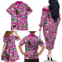 Hawaiian Island Shapes-Iconic Landscape Family Matching Off The Shoulder Long Sleeve Dress and Hawaiian Shirt with Plumeria and Palaka Pink Color