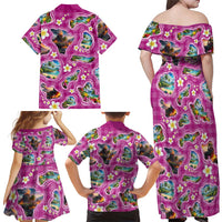 Hawaiian Island Shapes-Iconic Landscape Family Matching Off Shoulder Maxi Dress and Hawaiian Shirt with Plumeria and Palaka Pink Color