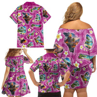 Hawaiian Island Shapes-Iconic Landscape Family Matching Off Shoulder Short Dress and Hawaiian Shirt with Plumeria and Palaka Pink Color