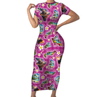 Hawaiian Island Shapes-Iconic Landscape Family Matching Short Sleeve Bodycon Dress and Hawaiian Shirt with Plumeria and Palaka Pink Color