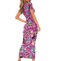 Hawaiian Island Shapes-Iconic Landscape Family Matching Short Sleeve Bodycon Dress and Hawaiian Shirt with Plumeria and Palaka Pink Color
