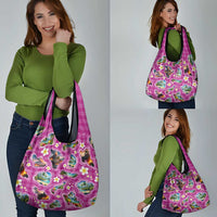 Hawaiian Island Shapes-Iconic Landscape Grocery Bag with Plumeria and Palaka Pink Color