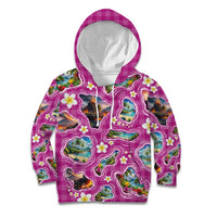 Hawaiian Island Shapes-Iconic Landscape Kid Hoodie with Plumeria and Palaka Pink Color