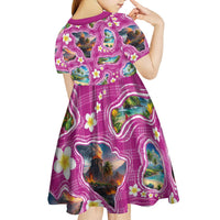Hawaiian Island Shapes-Iconic Landscape Kid Short Sleeve Dress with Plumeria and Palaka Pink Color