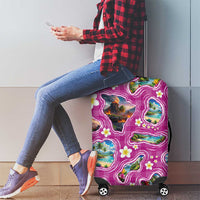 Hawaiian Island Shapes-Iconic Landscape Luggage Cover with Plumeria and Palaka Pink Color
