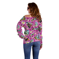 Hawaiian Island Shapes-Iconic Landscape Off Shoulder Sweater with Plumeria and Palaka Pink Color