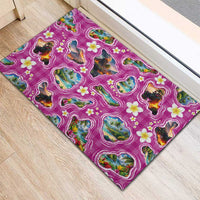 Hawaiian Island Shapes-Iconic Landscape Rubber Doormat with Plumeria and Palaka Pink Color