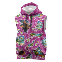 Hawaiian Island Shapes-Iconic Landscape Sleeveless Hoodie with Plumeria and Palaka Pink Color