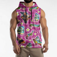 Hawaiian Island Shapes-Iconic Landscape Sleeveless Hoodie with Plumeria and Palaka Pink Color