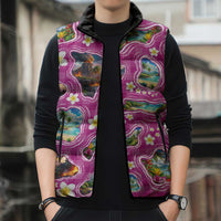 Hawaiian Island Shapes-Iconic Landscape Sleeveless Puffer Jacket with Plumeria and Palaka Pink Color LT03 - Polynesian Pride