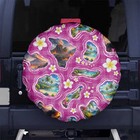Hawaiian Island Shapes-Iconic Landscape Spare Tire Cover with Plumeria and Palaka Pink Color
