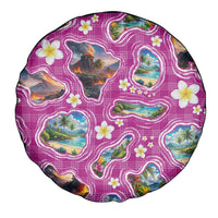 Hawaiian Island Shapes-Iconic Landscape Spare Tire Cover with Plumeria and Palaka Pink Color